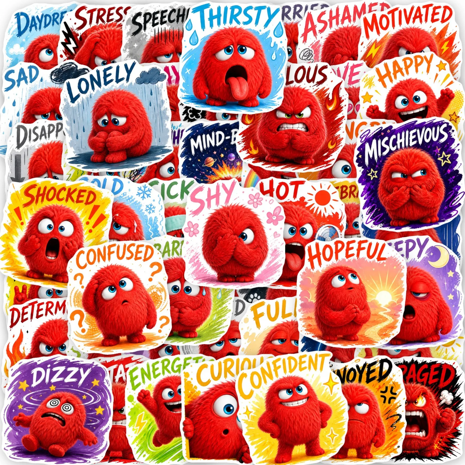 50 PCS Plush Little Monster Emotion Stickers Notebook Phone Case Water Cup Decorate Red Monster Waterproof Decals
