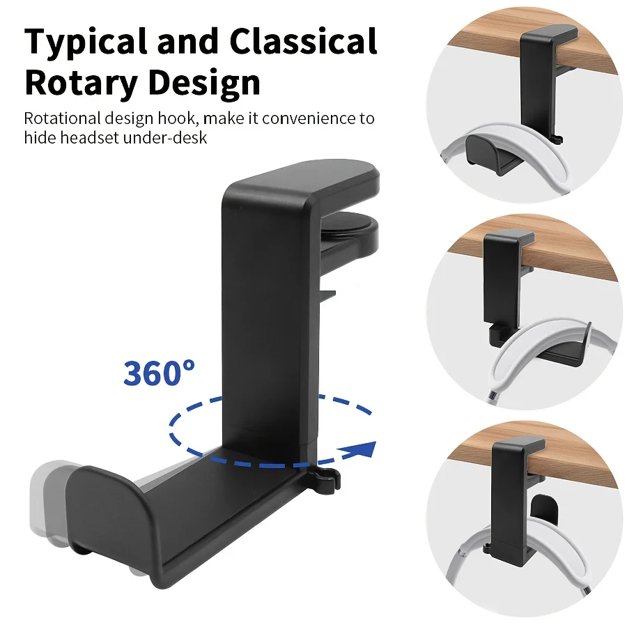 Under-Desk No-Drill Headphone Stand, 360-Degree Swivel Headphone Hanger, Foldable Headphone Holder