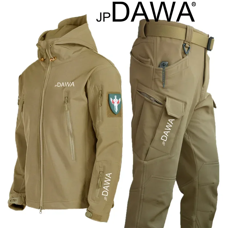 JP DAWA Fishing suit autumn/winter outdoor shark skin soft shell hooded suit men's velvet warm pants windproof waterproof jacket