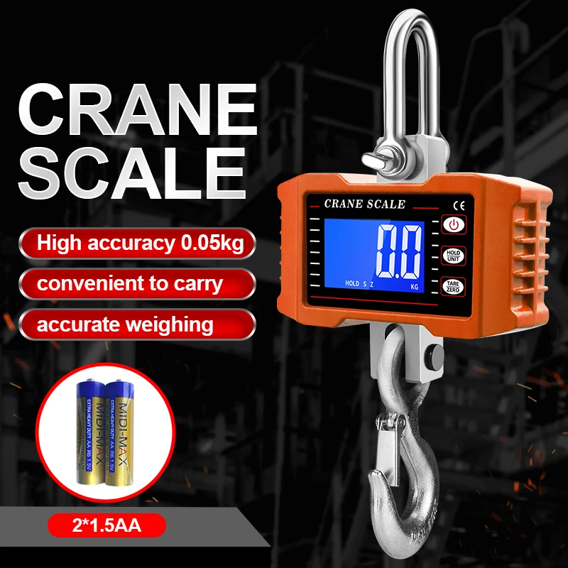 1500KG Digital Hanging Scale 1000kg Portable Heavy Duty Crane Scales LCD Backlight 3306lbs Steel Industrial Lock Hook Weigher