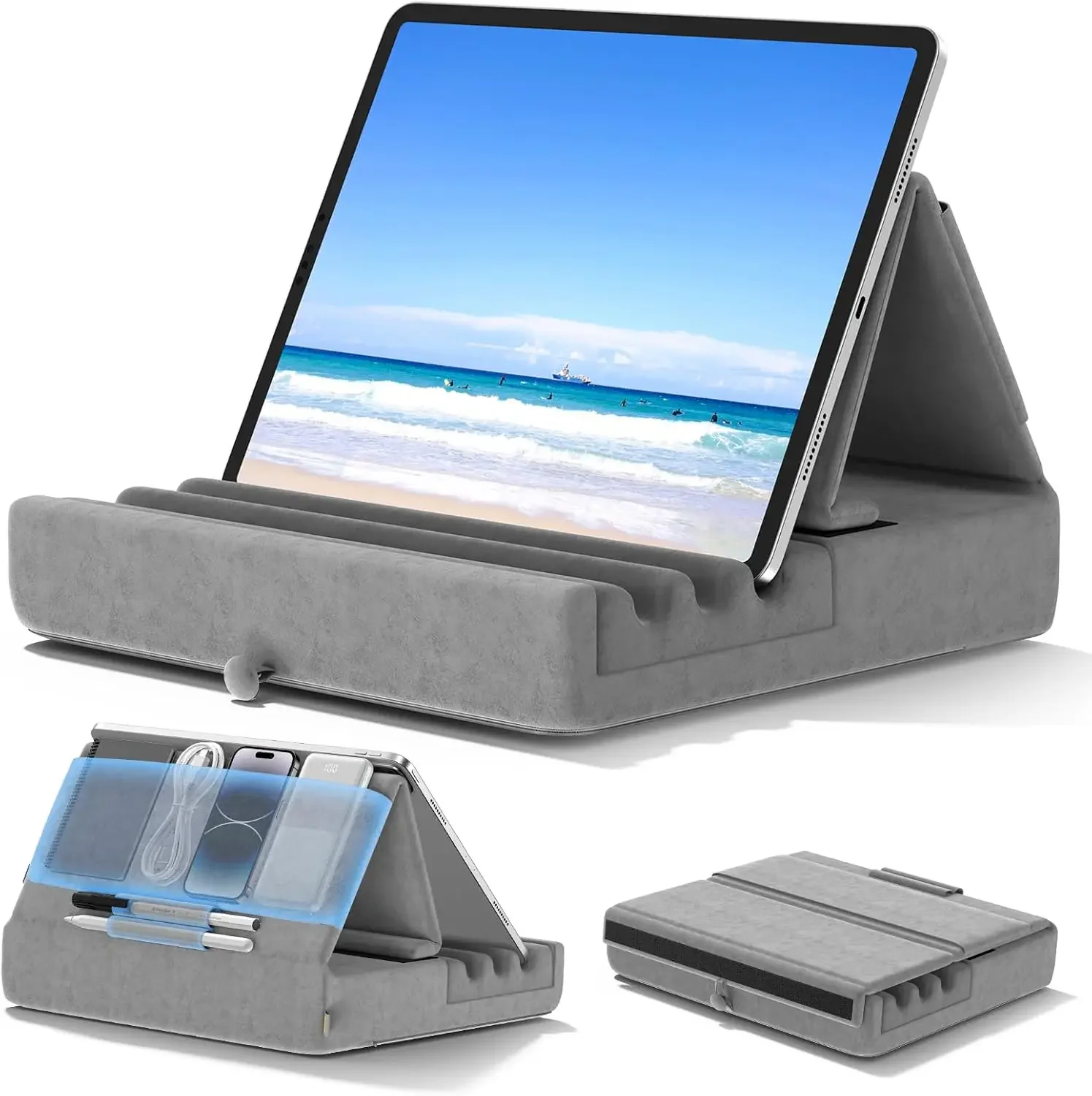 

Foldable Tablet Pillow Stand for Lap, Bed & Desk - Soft Pad with Pocket & Stylus Holder, Compatible with 4-13" Devices