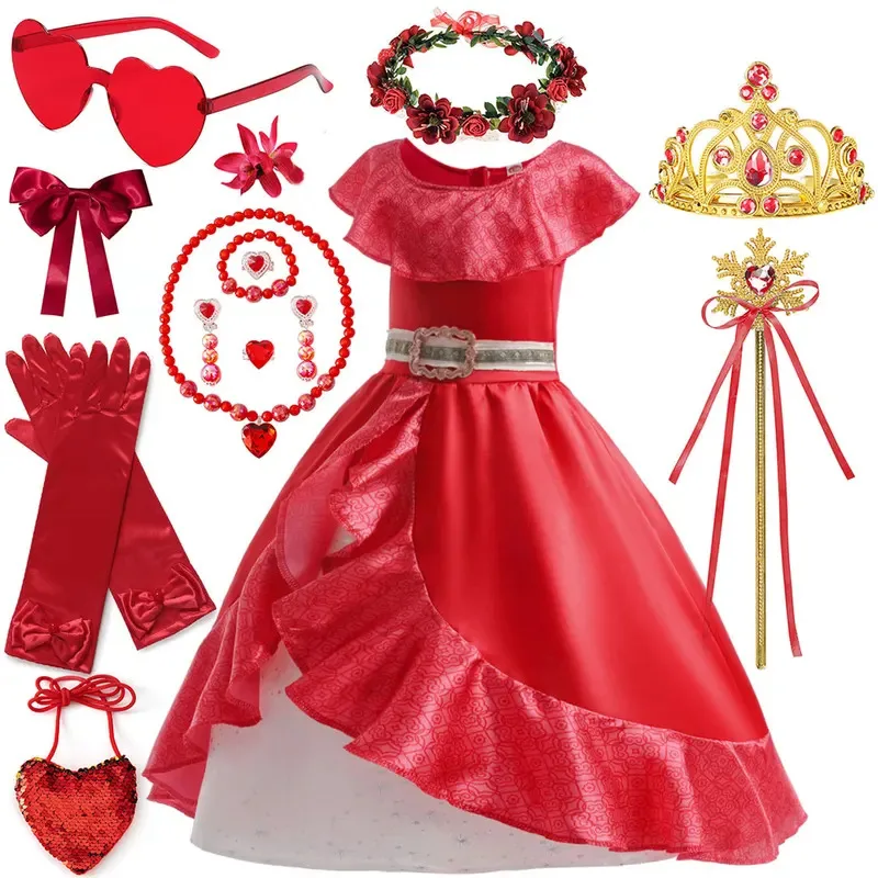 レッドエレナフリルベルトガールコスプレプリンセスコスチューム夏カジュアルクールビーチ誕生日パーティーギフトドレスセット