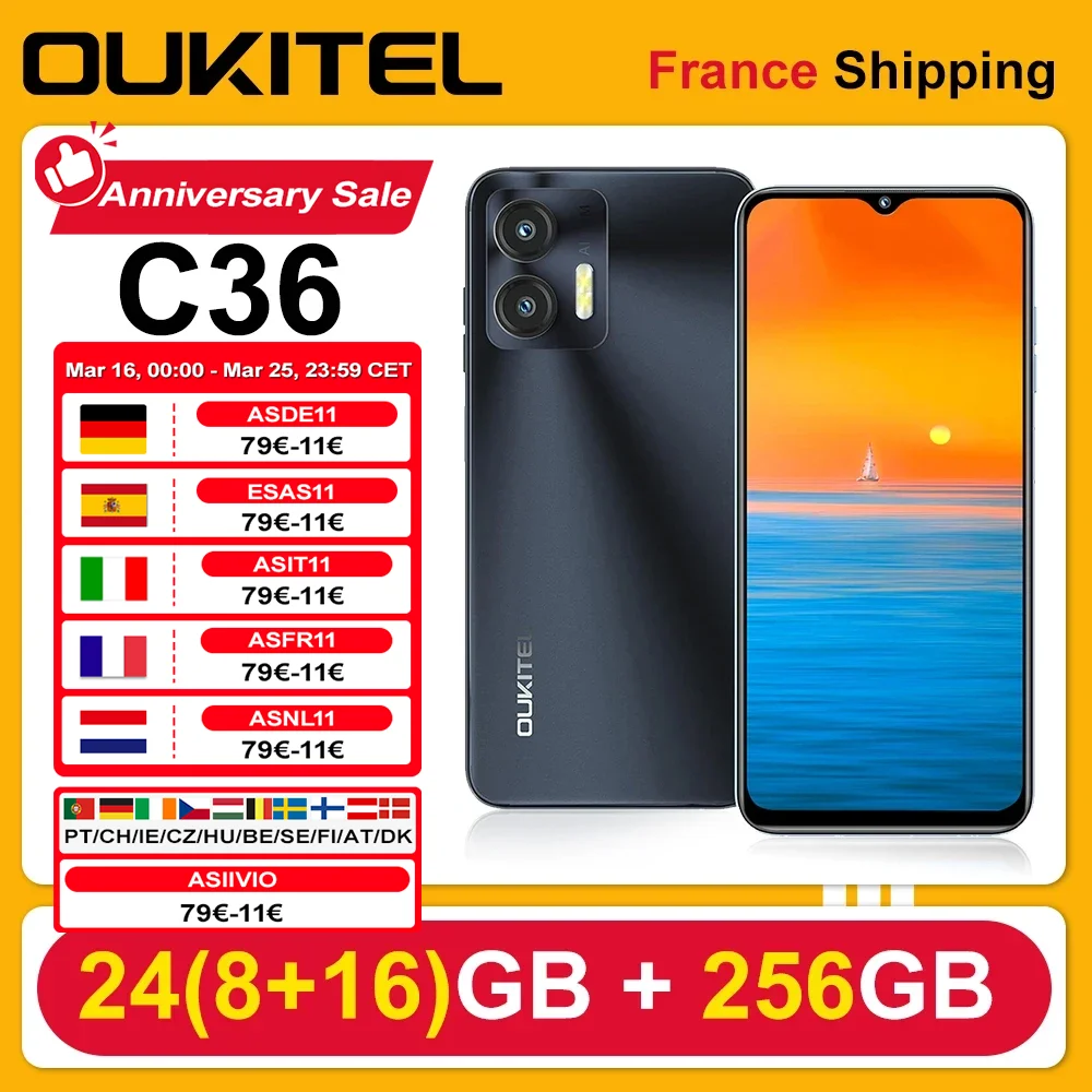 Smartphone OUTIKEL C36 Android 14, 24 Go (8+16) 256 Go, écran HD 6,56 pouces 90 Hz, 50 MP + 16 MP, 5150 mAh, 4G
