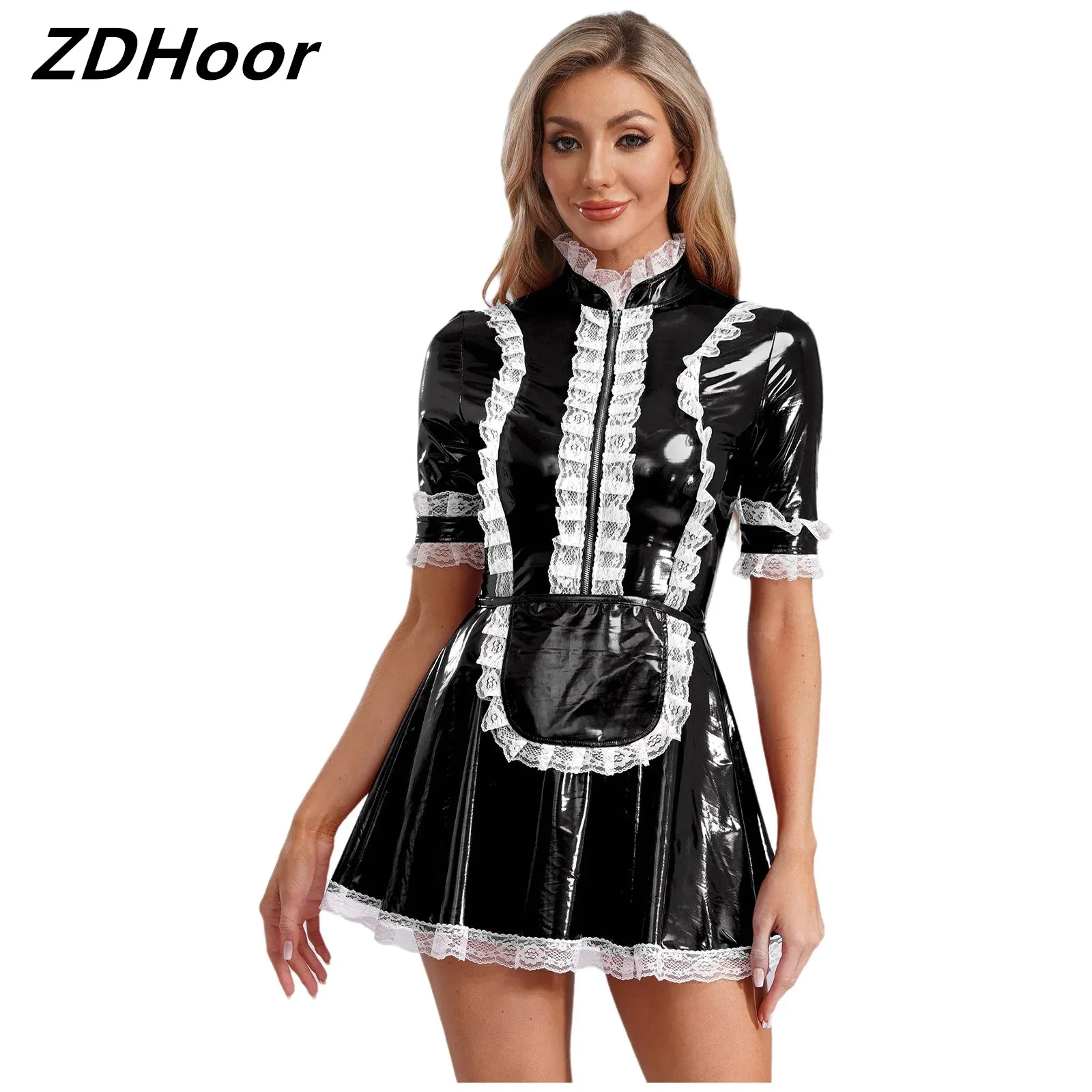 

Women Role Play Maid Uniform Leather Maid Cosplay Costume Short Sleeve Lace Trim Dress with Apron Cosplay Costume