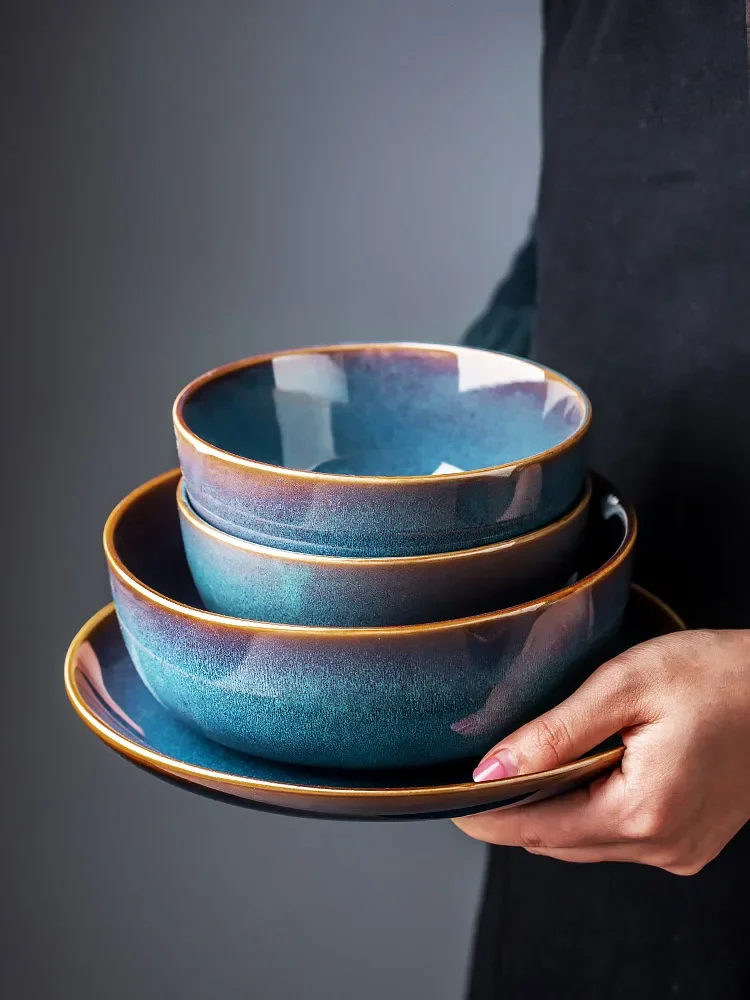 LingAo-Retro Nordic Pure Color Ceramics, Rice, Soup, Noodle Bowl, Dish, Steak Plate