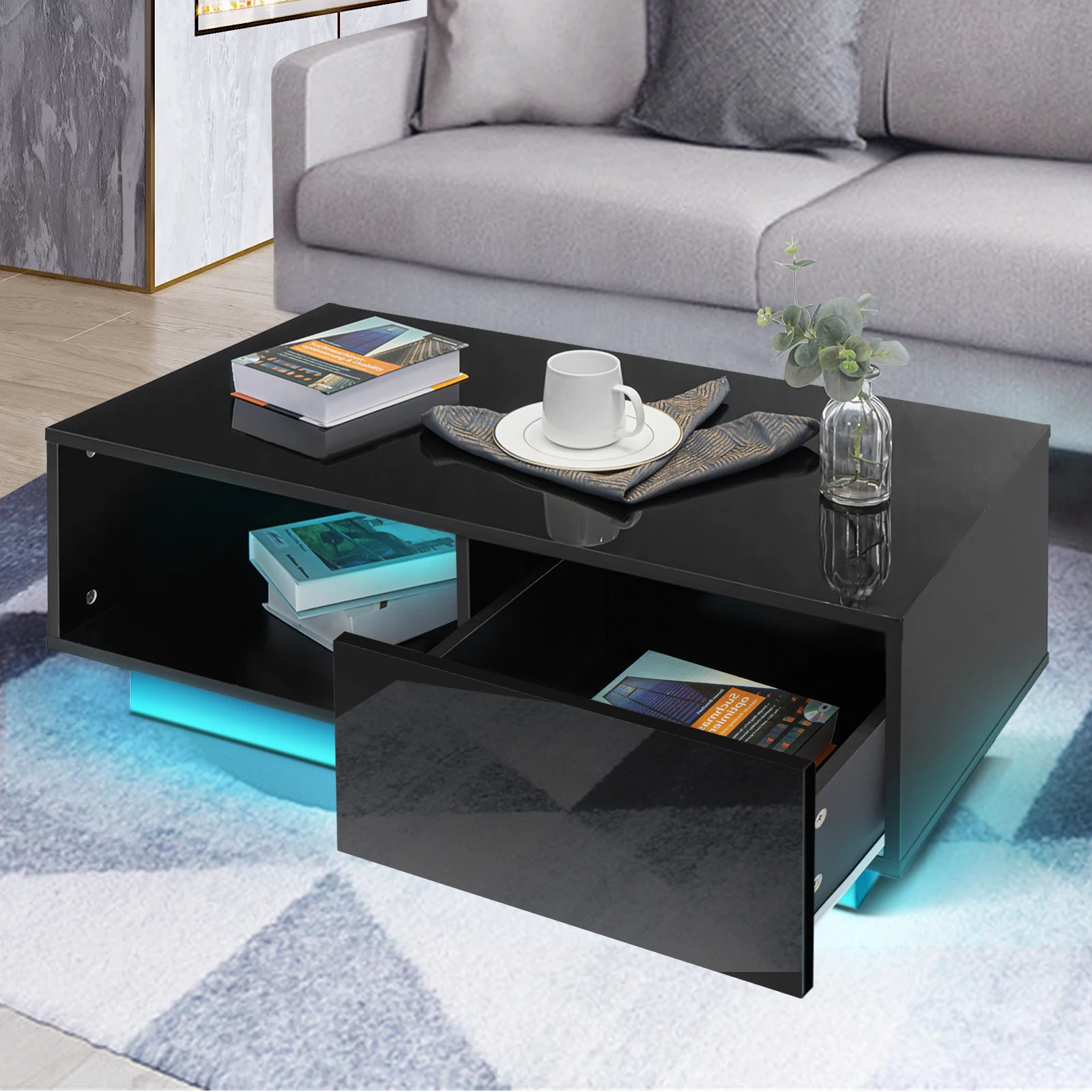 Coffee Table with Drawer Remote or App Control Built-in Power 16 Color RGB LED Light Open Storage Compartment Cocktail Tea Table