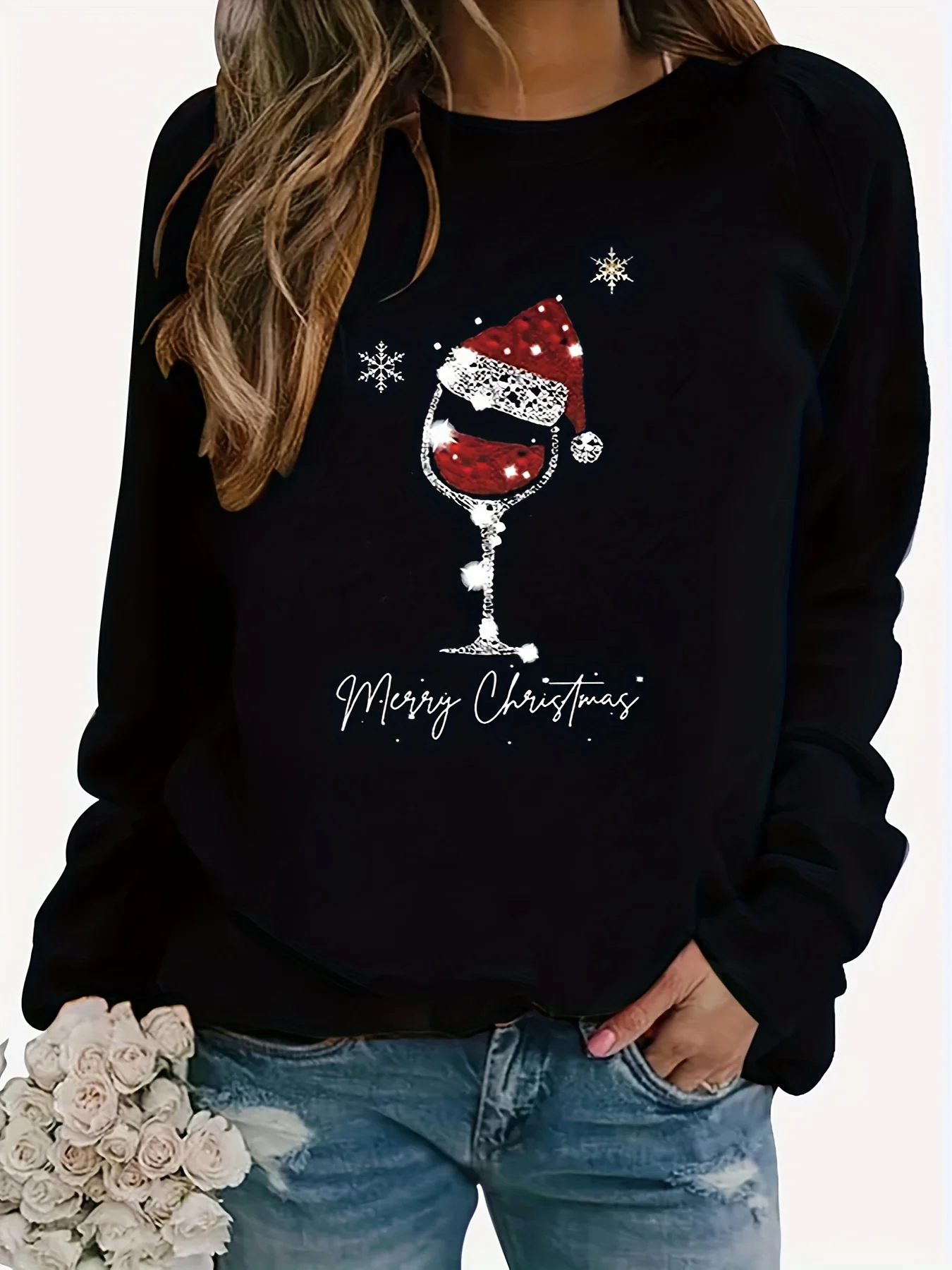 Women\'s Christmas printed loose top sweater long sleeved autumn and winter black High Quality Vintage Trendy Casual Streetwear