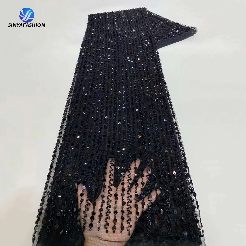 Sinya Latest Back White Gold African Heavy Beaded Lace Fabric Luxury Navy Blue Nigerian Sequins French Mesh Lace For Women Dress