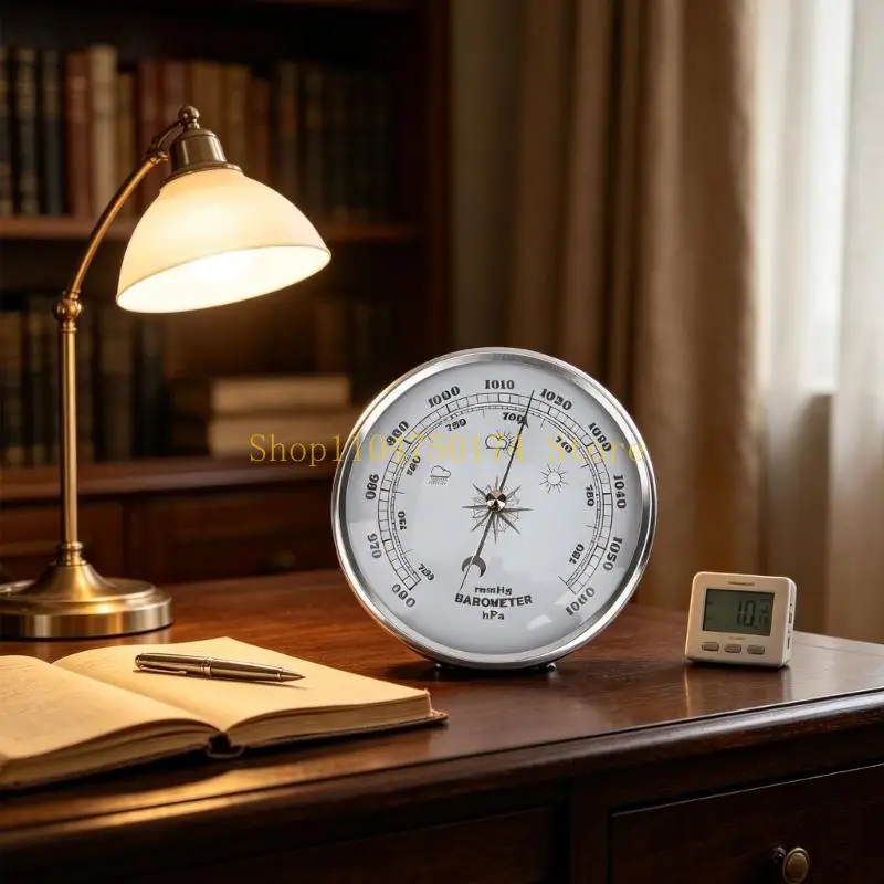 Round Indoor Weather Reference Meter with 130 mm White Face, Metal-Look Air Pressure Instrument for Home Office Room Display Use