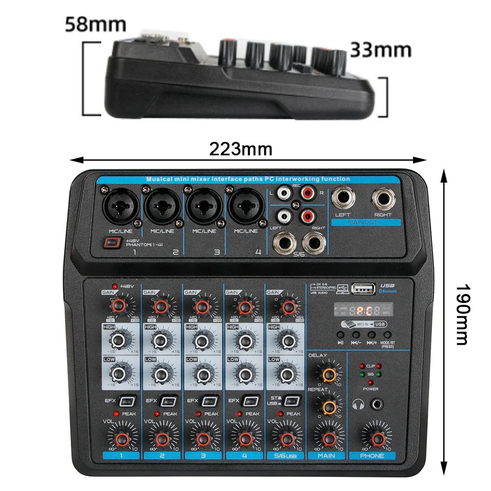 6-kanałowy mikser audio USB Bluetooth Konsola mikserowa studyjna DJ Miksowanie dźwięku Występy na żywo