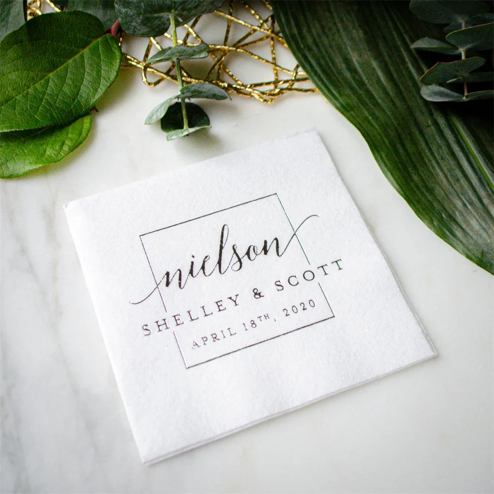 50PCS Custom Wedding Linen-Like Napkins, White Printed Cocktail Napkins, Personalized Linun Napkins, Beverage Napkins, Rehearsal