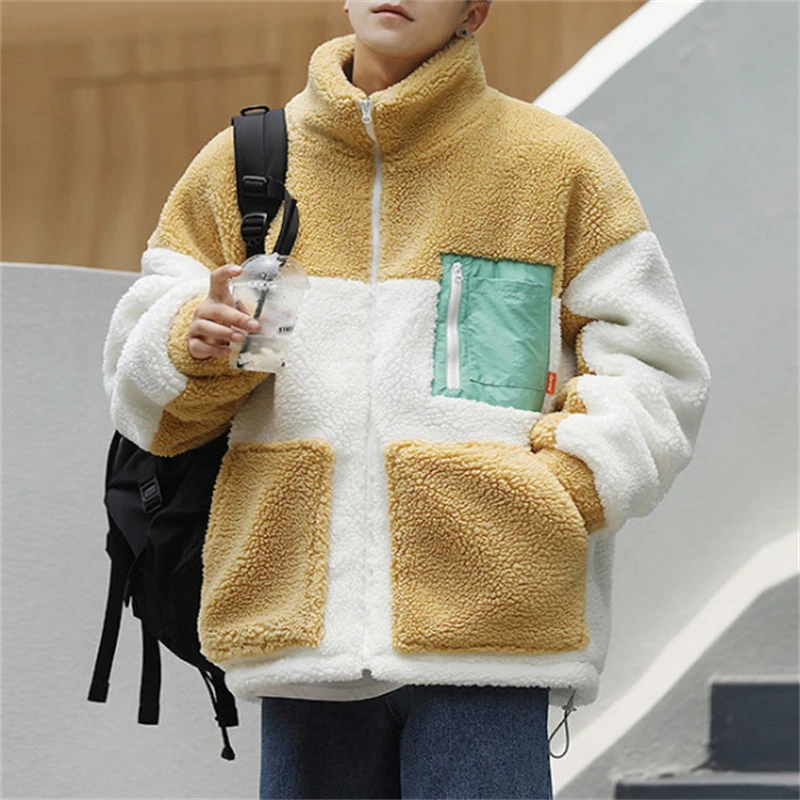 Mode Gewatteerde Jas Voor Mannen Koreaanse Chic Herfst 2022 Mens Polar Fleece Jassen Casual Kleur Patchwork Losse Rits Jassen