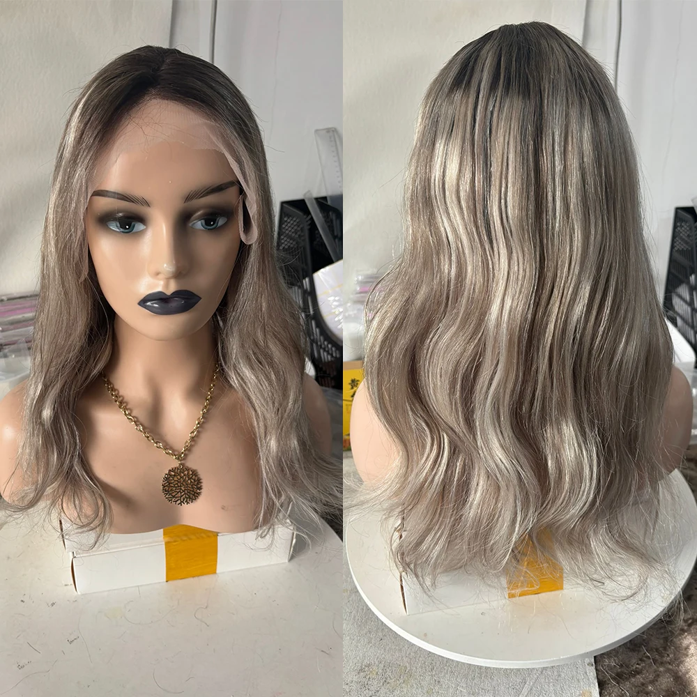 الرماد شقراء يسلط الضوء على الكتف شعر مستعار متموج 18 بوصة 150% 13x4 الدانتيل الجبهة خصلات الشعر المستعار الإنسان سوبر التخليص جاهزة للشحن قطعة واحدة فقط #3