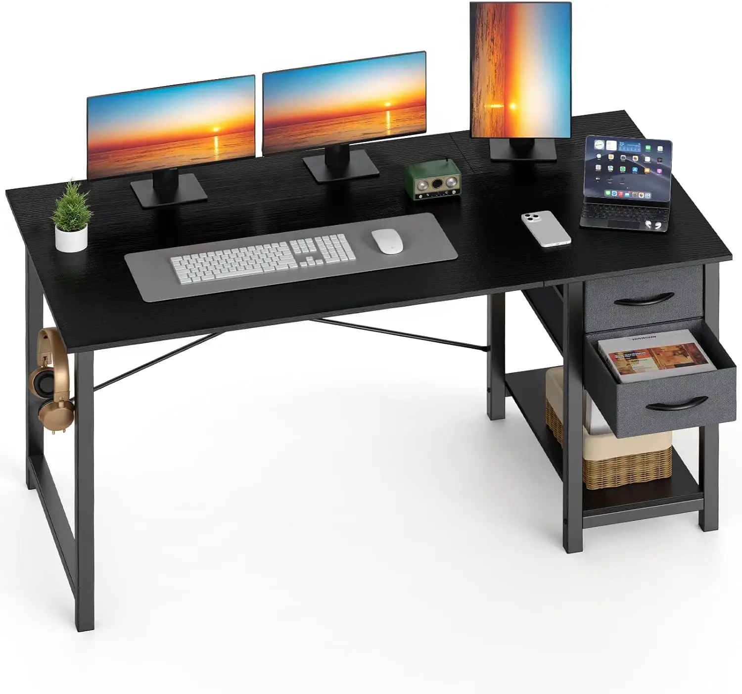 

48-Inch Computer Desk with Drawers, X-Shaped Reinforcement, Adjustable Setup, Side Hooks for Home Office, Black