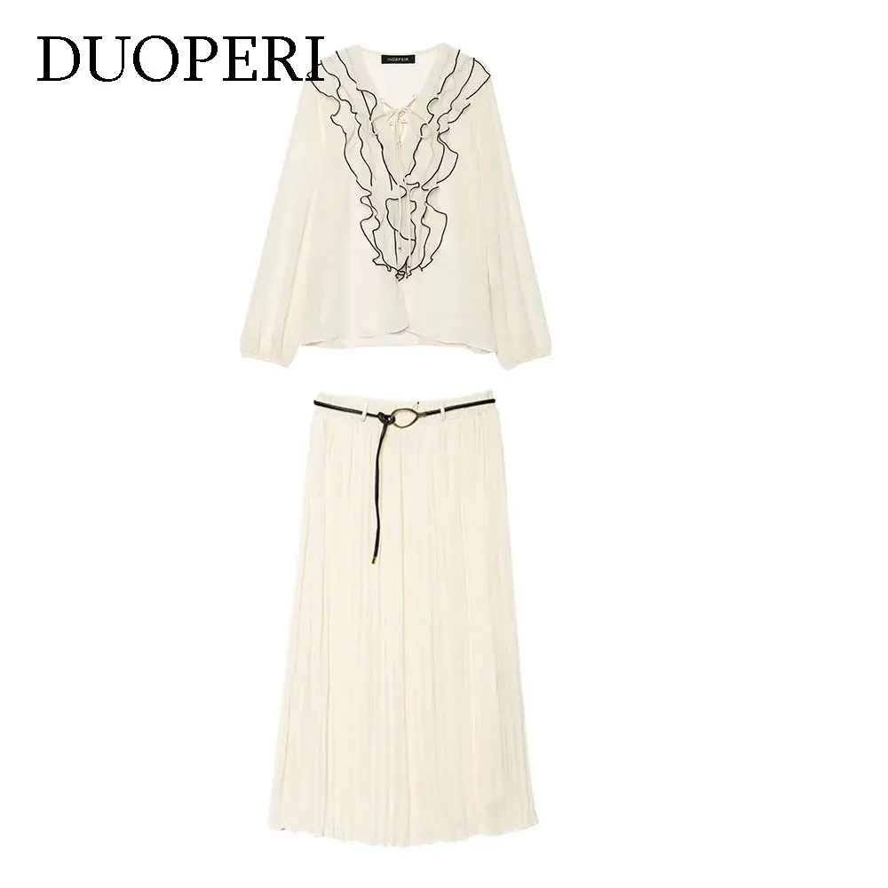 

DUOPERI женские модные комплекты из 2 предметов, бежевый пуловер, блузка с длинными рукавами и плиссированная юбка с поясом, женские шикарные юбки, комплект