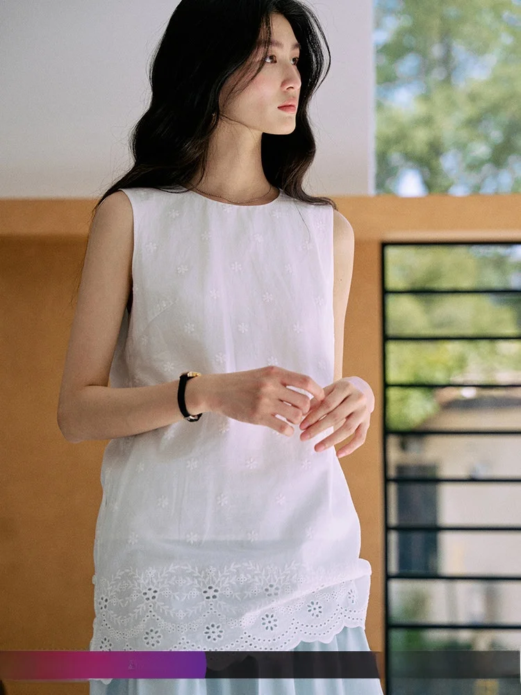 

Jicouture: Новая летняя женская майка из чистого хлопка с вырезами, свободного кроя, с кружевом, дышащая, комфортная, повседневная