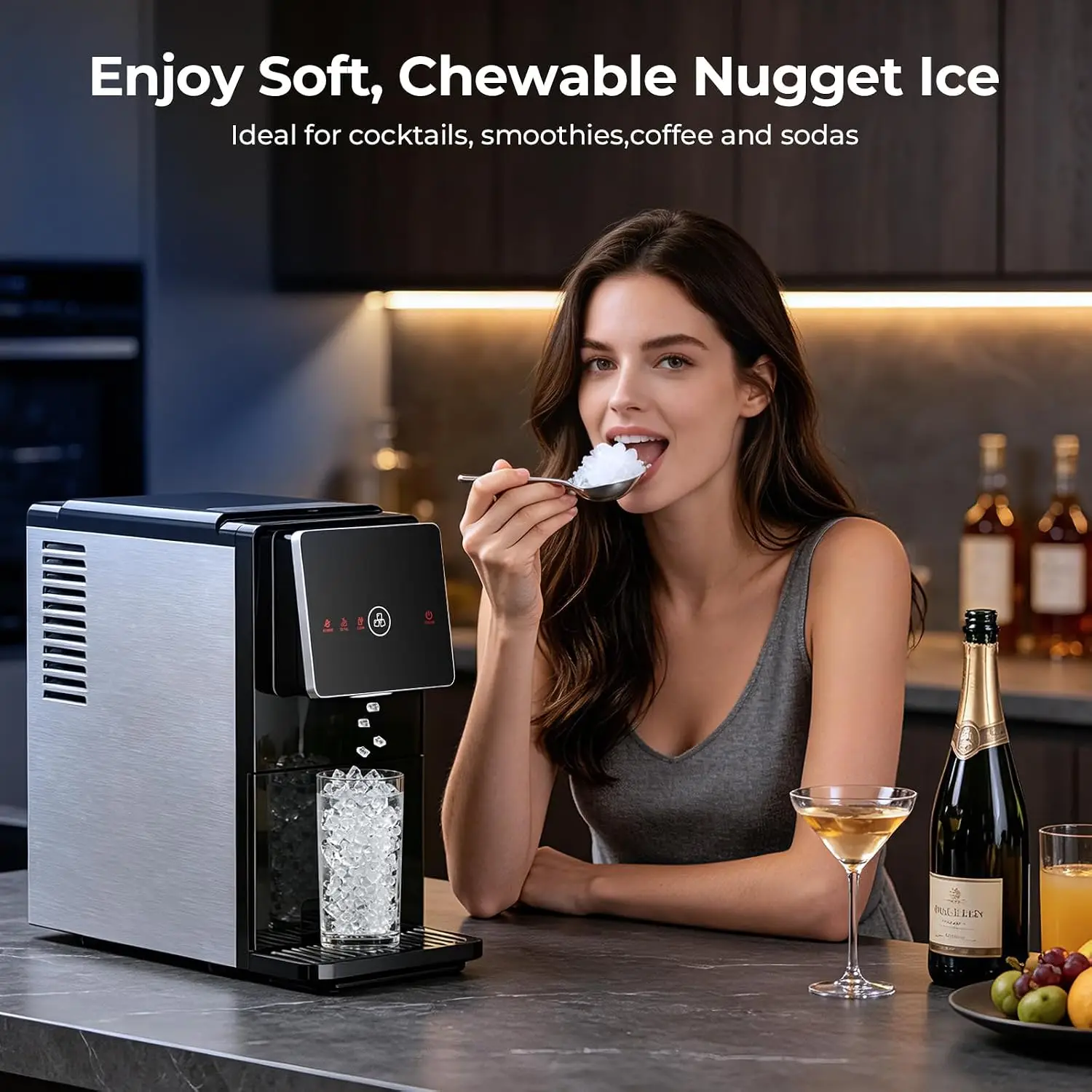 Nugget Ice Maker Countertop, 33 Lbs/24H, Automatic Ice Dispenser, Self-Cleaning Portable Ice Machine, 1.8L Water Tank, Touch Scr