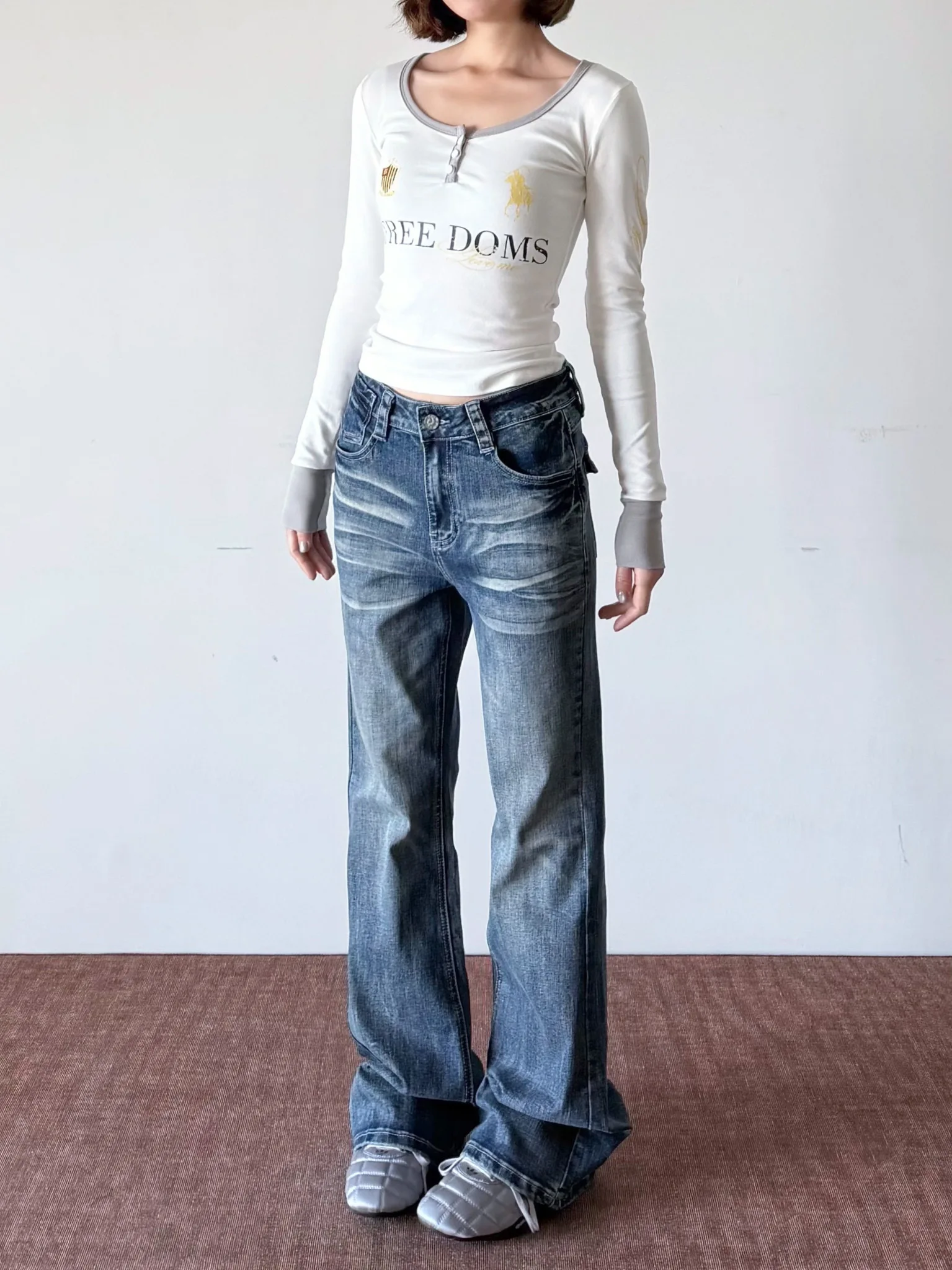 

Джинсы Waed American Retro с узкими прямыми штанинами для женщин, универсальные, утягивающие, из хлопка, с застежкой на пуговицах на талии