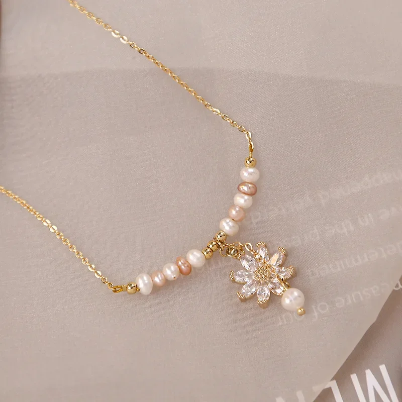 

Minar Unusual Freshwater Pearl Pendant Necklaces for Women 14K Gold Plated Copper Shiny CZ Zircon Flower Strand Choker Necklace