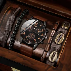 5pcs/set Stylish Mens Quartz Watch & Beaded Bracelet Set - Durable, Fashion-Forward Design, Perfect Gift for Him