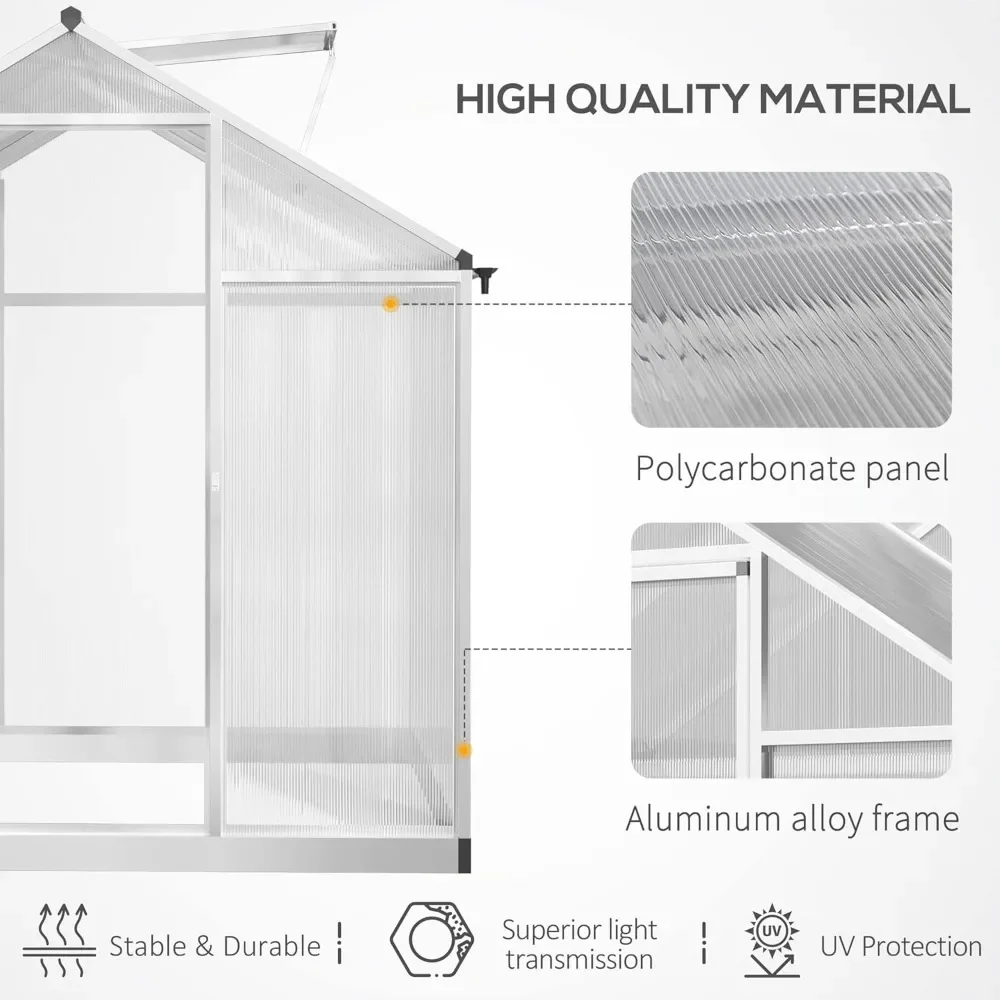 8' x 6' Walk-in Polycarbonate Greenhouse with Roof Vent for Ventilation & Rain Gutter, Heavy Duty Aluminum Green House, Hobby