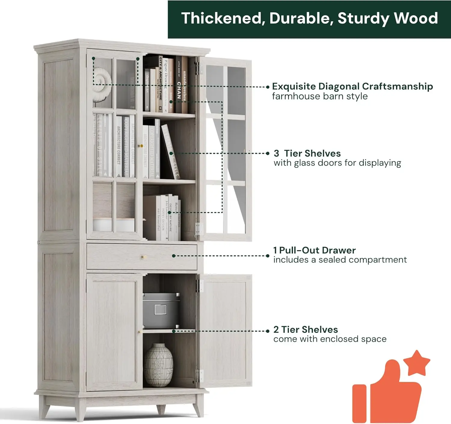 Librerías altas con puertas de vidrio y 1 cajón, almacenamiento de exhibición de suelo con 1 estante ajustable, estantería blanca para el hogar