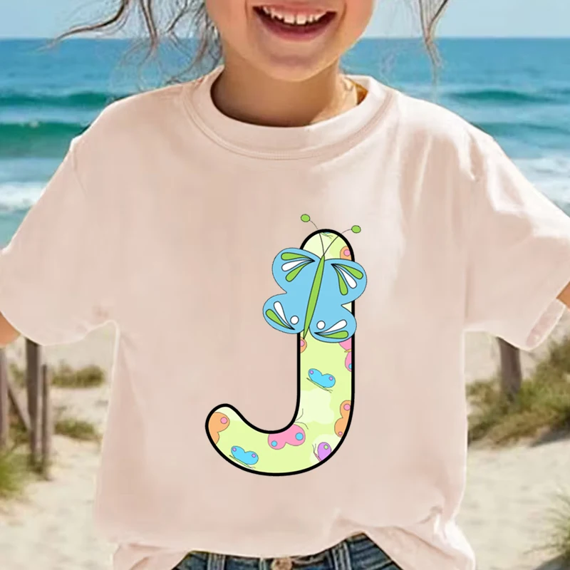 26 Butterfly Alphabet Print Girls Tshirt Clothing 100% Cotton Tee Casual Funny T Shirt Letter A-Z Clothes Birthday Gift for Girl