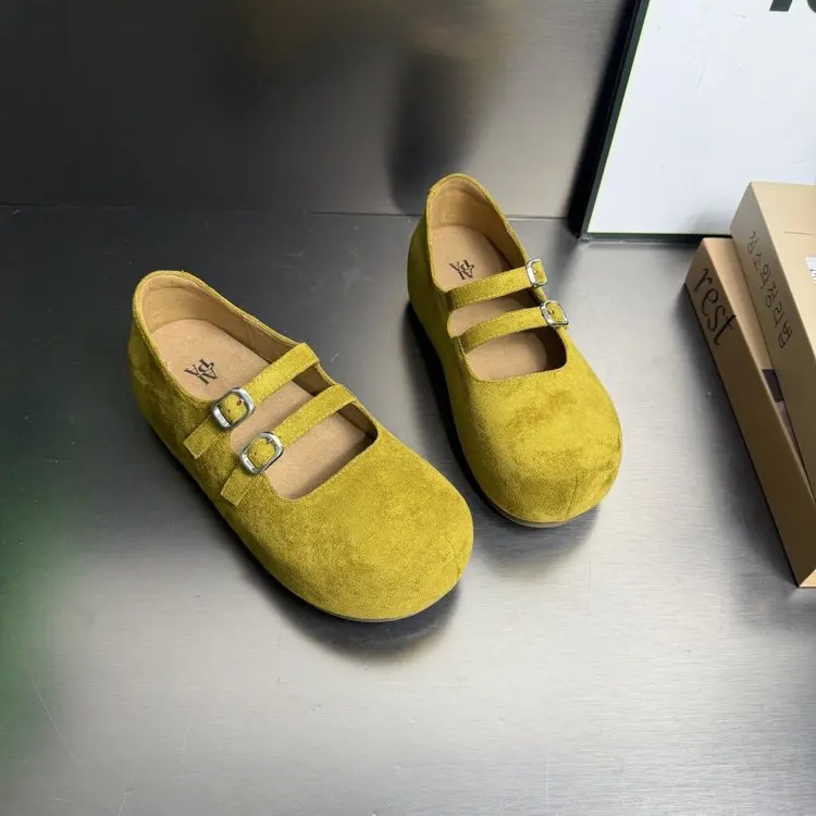 Belle Thick Heel Mary Jane Casual Women's Shoes Inner Heightening Toast Style Leather Upgraded Soft Wood Clog Summer Flats