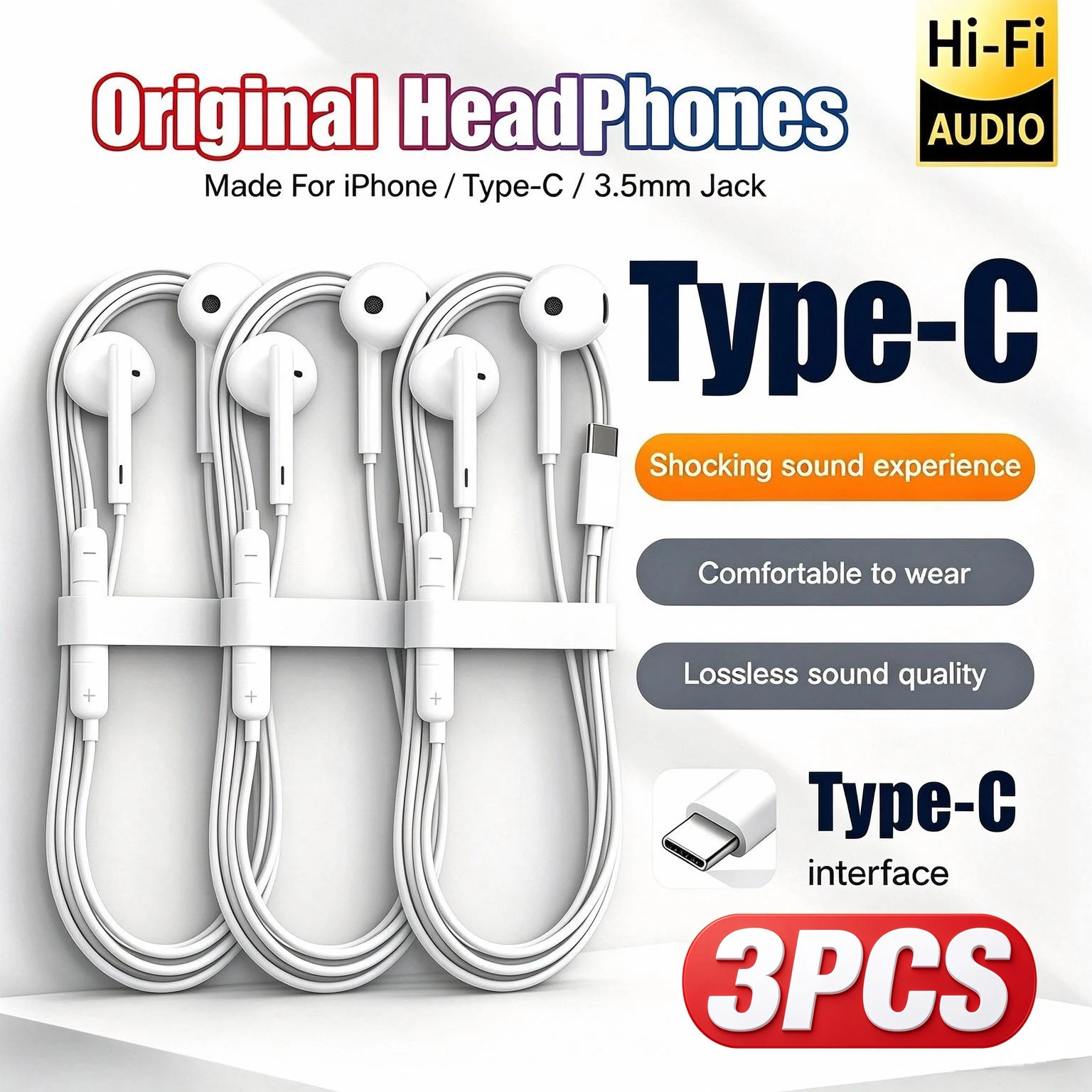 3PCS Original USB C Earphones For iPhone 18 17 Pro Max 16 15 Plus Type C Wired Headphones For Samsung Xiaomi Earbuds Accessories