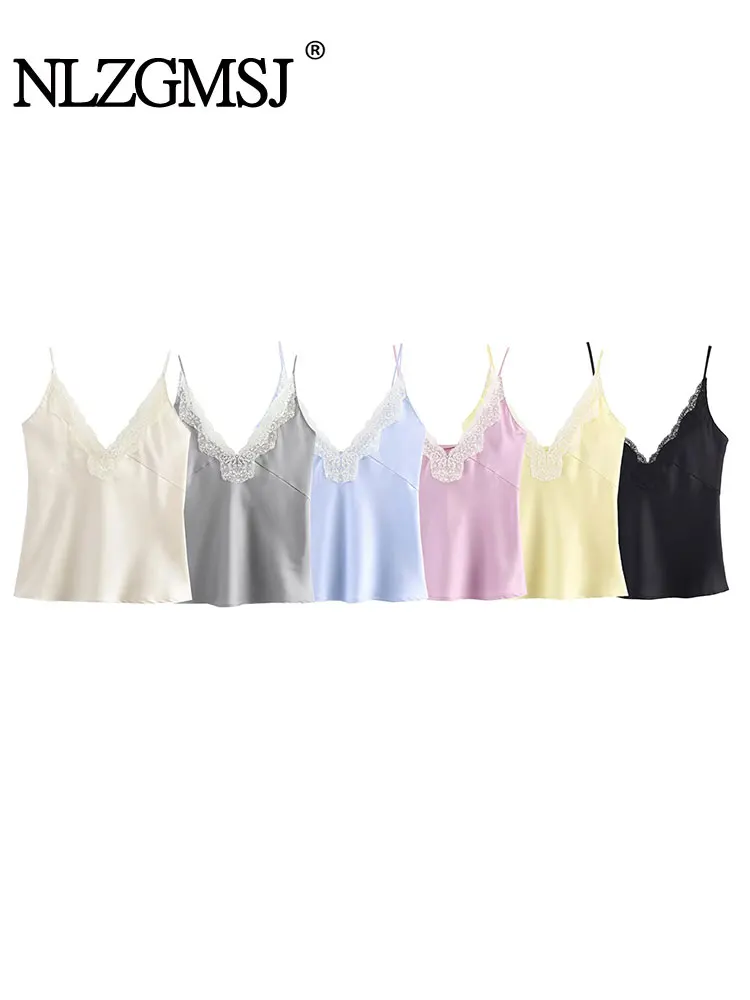 

NLZGMSJ тонкая женская майка 2026, тонкий кружевной укороченный топ без рукавов с V-образным вырезом и лоскутным укороченным топом Y2K