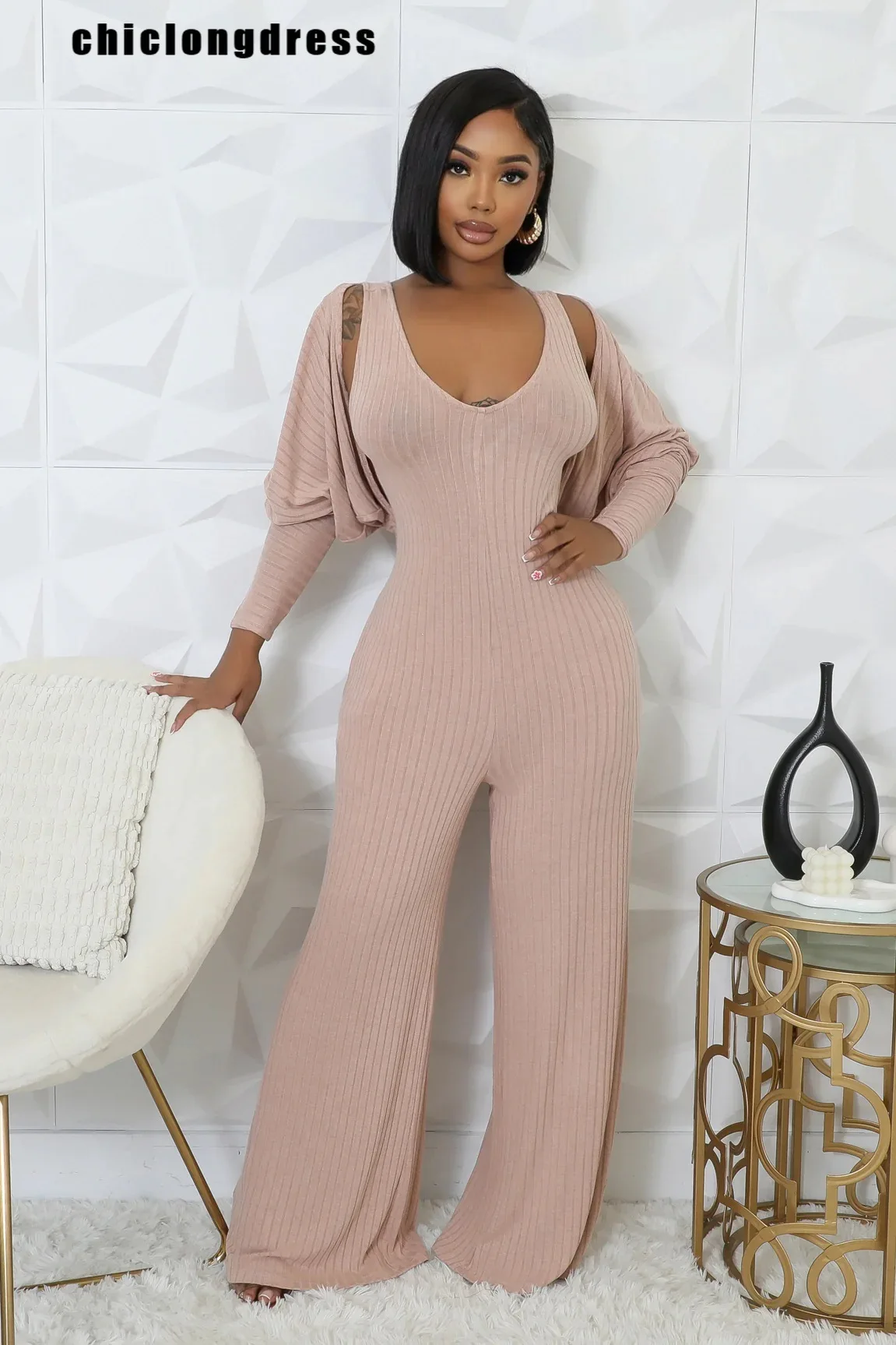 

Autumn Fashion Knitted Two Piece Set Women Casual Solid Suspender Sleeveless Jumpsuit Cardigan Two Piece Set Women