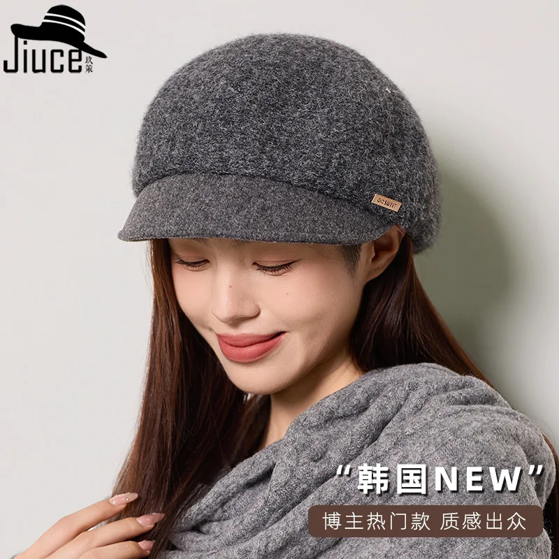 Premium Thick Wool Knitted Beret Women's Autumn Winter Dome Short Eaves Solid Color Splicing Duck Tongue Newspaper Hat 4m716