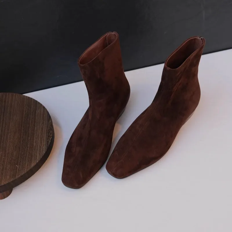 New Genuine Leather Square Toe French Ankle Boots Women's Shoes High Top Fashion Casual Chelsea Boots Female