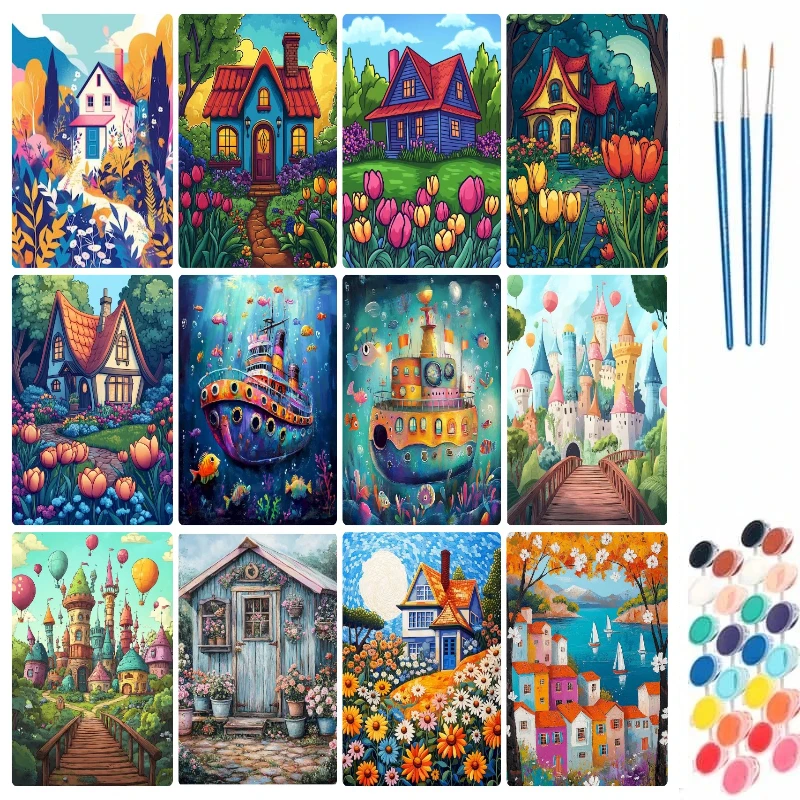 Colorful House Digital Oil Painting Paint By Numbers Kit Canvas Hand Drawing Picture Home Wall Decor Art Gift for Friend Family