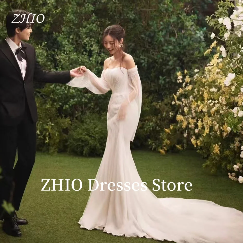 

ZHIO Elegant Wedding Party Dress Off the Shoulder Illusion Sleeves Sweep Train Evening Bridal Gown Korea Photo Shoot Customized