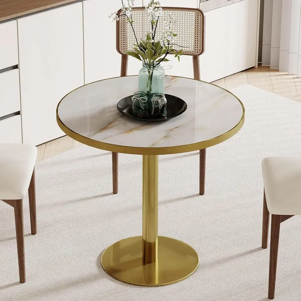 

31.5" Tulip Table,Round Kitchen Table for 2-4 with Thick Sintered Stone Top,Titanium Golden Pedestal Base,Heat-Resistant,Bistro