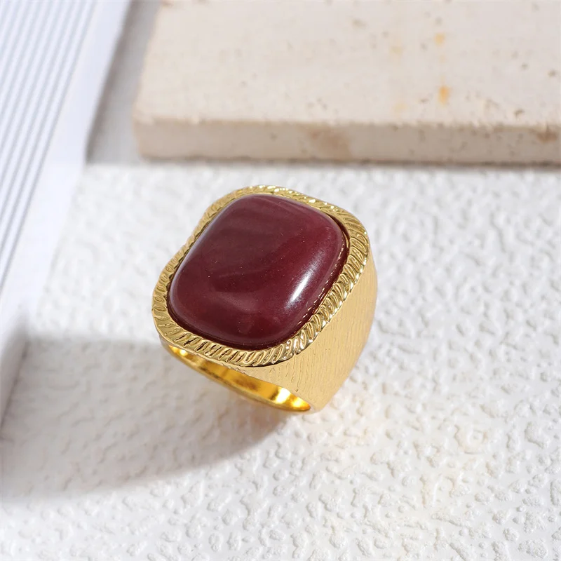 XIALUOKE Fashion New Geometric Square Stone Vintage Ring Chunky Gold Color Trend Personality Jewelry Accessories For Women