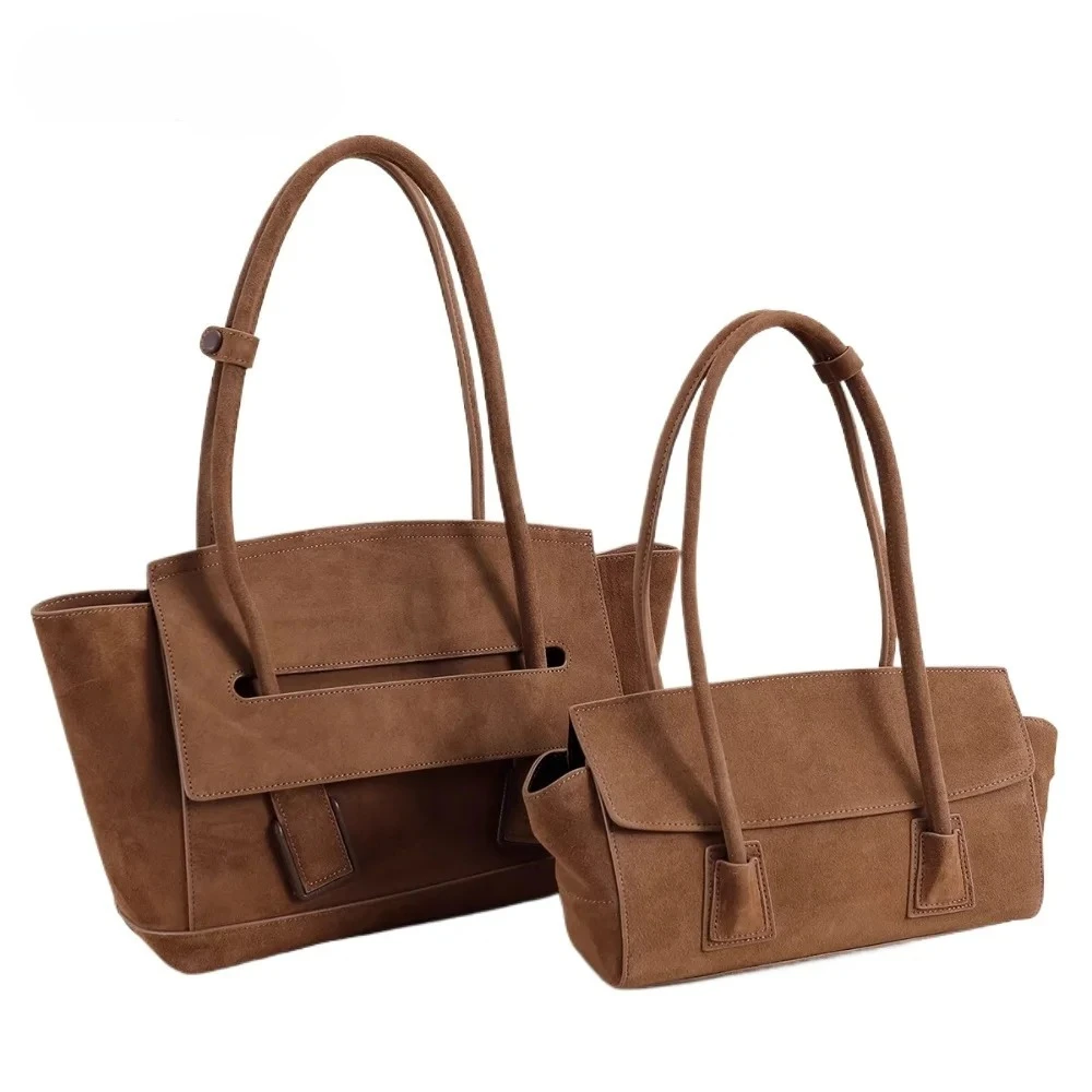 

New 2026 Winter Spacious Trapeze Tote Euro American Style Matte Suede Cow Leather Female Handbag Luxury Armpit Shoulder Bag
