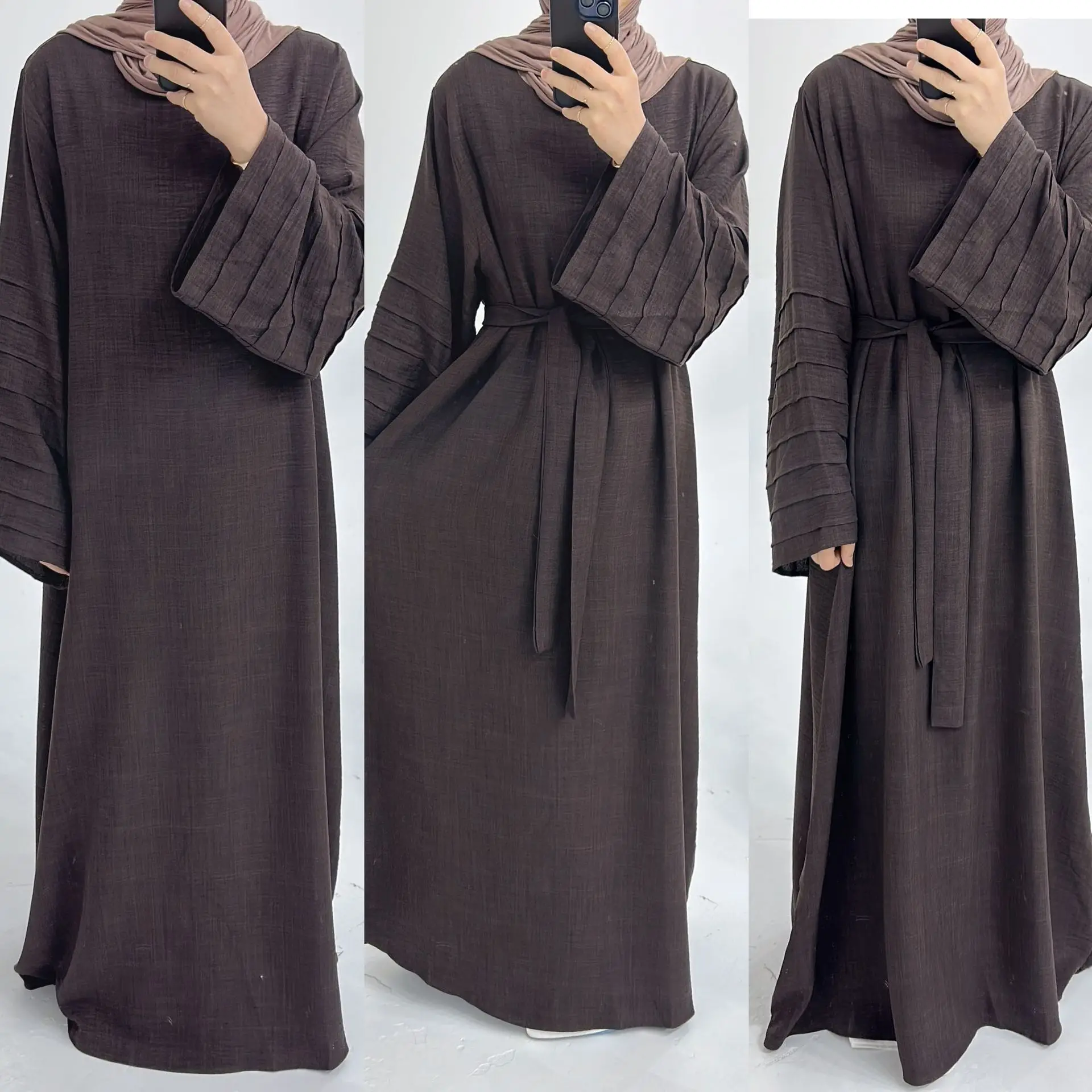

New Arrival Modest Closed Abaya Robe Dress Islamic Arab Turkey Wrinkle Polyester Loose Plus Size Muslim Women Dress