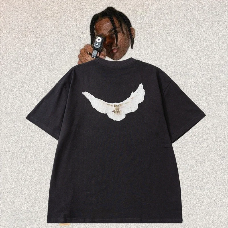 2025 YEEZY High Street Kanye Three Parties Joint Peace Dove Print Hip Hop Loose Casual Men's and Women's Short-sleeved T-shirt