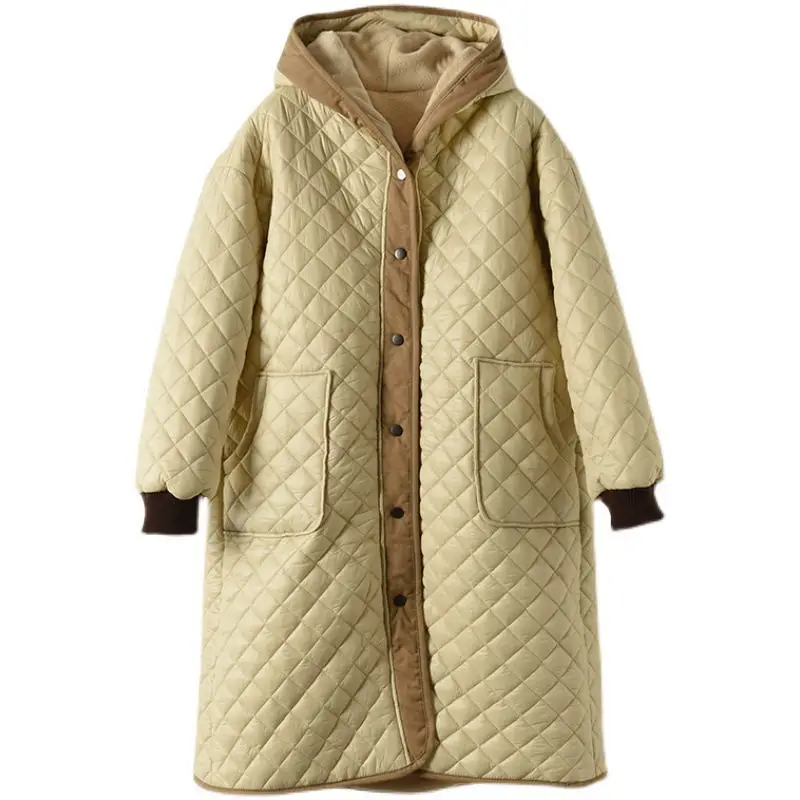 Padded Velvet Thickened Diamond Lattice Quilted Jacket Hooded Large Size Women\'s Mid-Length Winter Coat Loose Warm Casaco T676