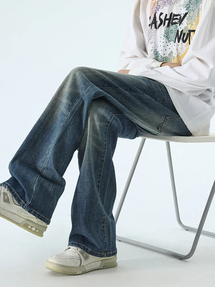 

Cleanfit Men's Bell Bot Jeans Straight Wide Leg Pants American Street Sle Spring Autumn Long Trousers Casual Denim