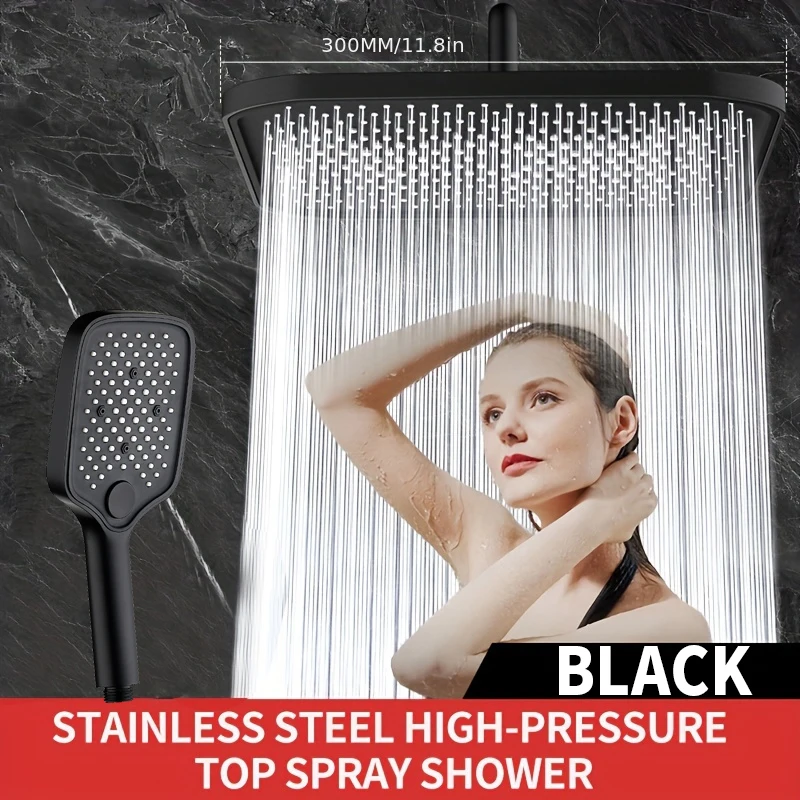 

Rainshower head with top spray, 30cm large panel covering the entire body with large water splashes, pressurized shower head