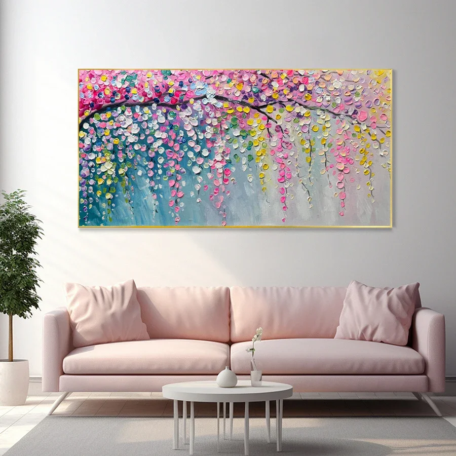 Frameless Canvas Painting Cherry Blossom Canvas Painting, Print Posters Color Flower Landscape Spring Decor, Abstract Textured W