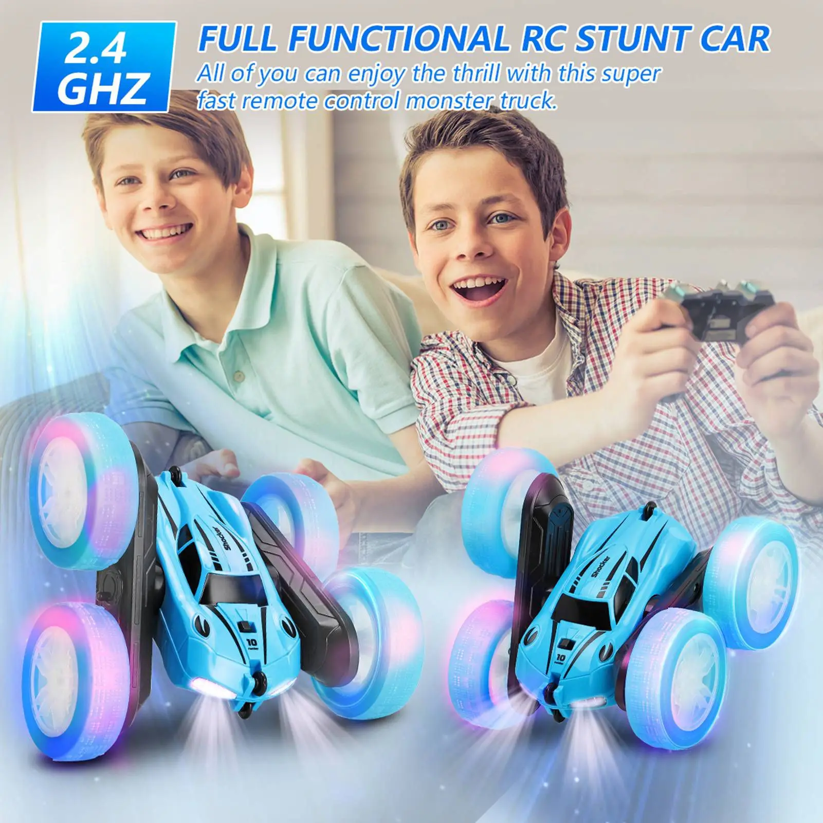 

2.4G Double Sided RC Stunt Car 360 Degree Flip Rotating Remote Control Car with Light 2 Rechargeable Batteries Blue