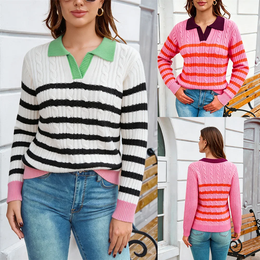 MsChuh Women's Sweaters And Pullovers Polo Neck Cable Knit Sweater Stripe Color Block Long Sleeve Ropa Mujer chic Dating Clothes