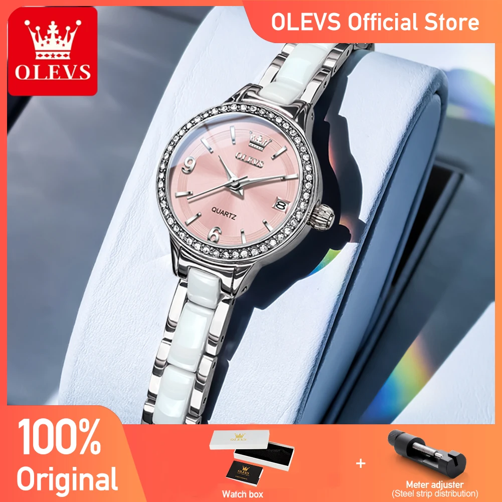 

OLEVS Новые женские часы 7093, элегантные модные кварцевые часы, водонепроницаемые светящиеся керамические женские часы с подарочной коробкой Reloj
