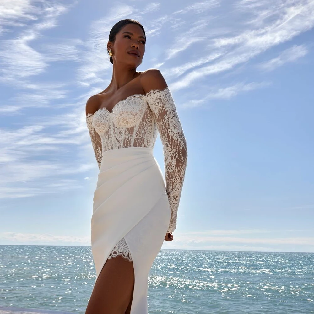 Customized Mermaid Wedding Dresses with Lace New 2025 Ivory Strapless Full Sleeve Bridal Gowns Women Summer Vestido De Novia New