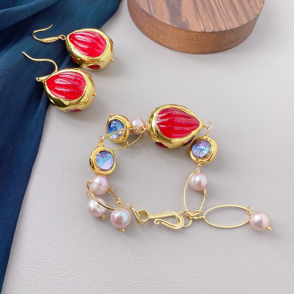 YYGEM Cultured Purple Pearl 16mm Murano Glass 24x30mm Red Quartz Charm Bracelet Earrings Set view 2