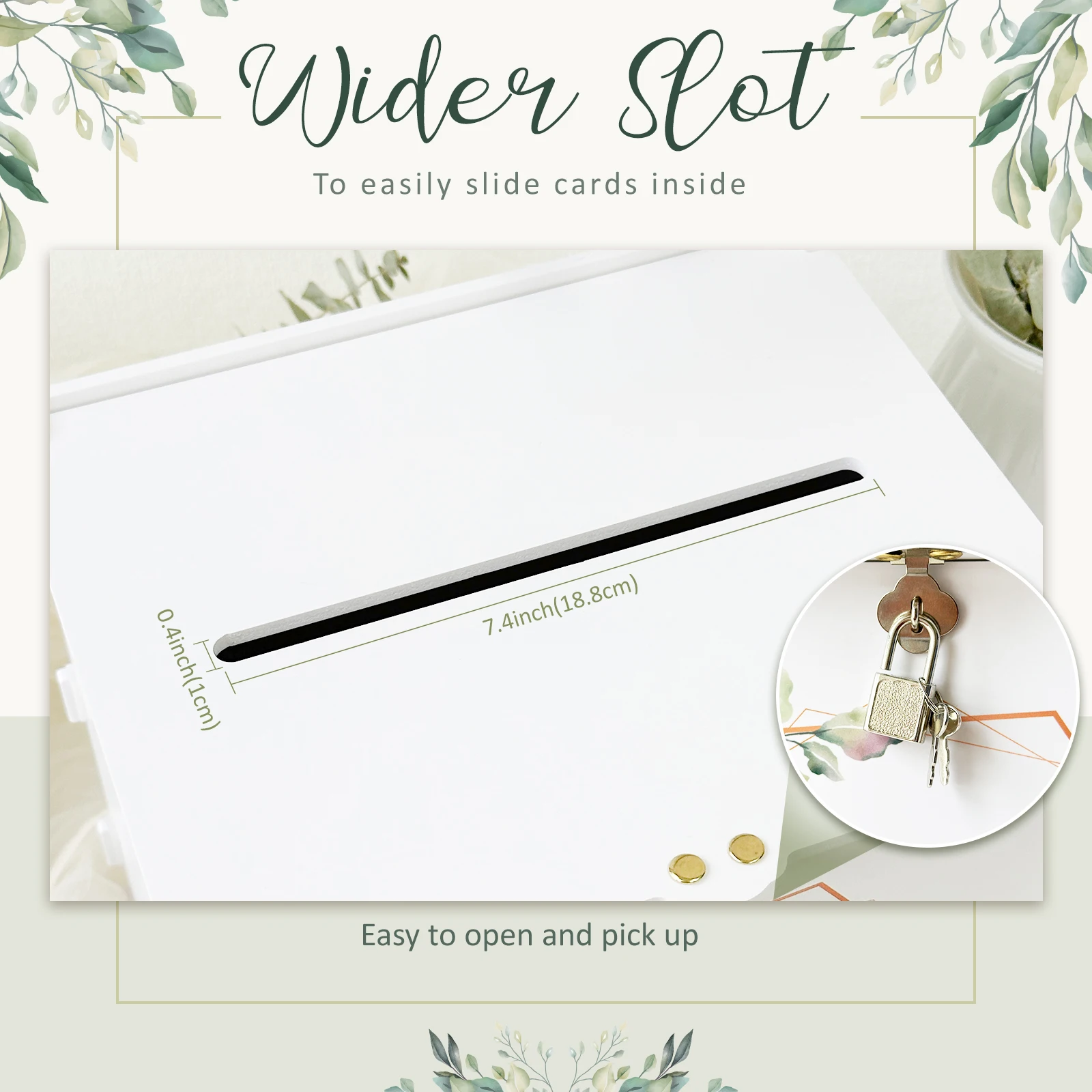White Wedding Card Box with Lock, PVC Gift Card Box for Wedding Reception, Eucalyptus DIY Wedding Envelope Money Card Box